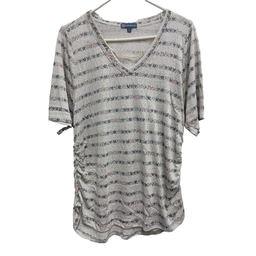 Democracy Womens BOHO Tunic Top Size 1X Gray Striped Ruched Short Sleeve‎